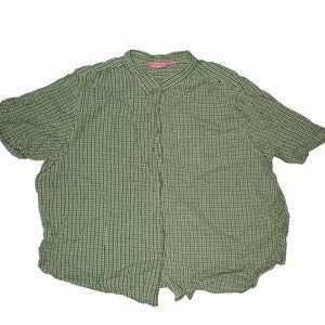 Woman Within Sz 5XL Green White Checkered Short Sleeve Button Down Casual Shirt